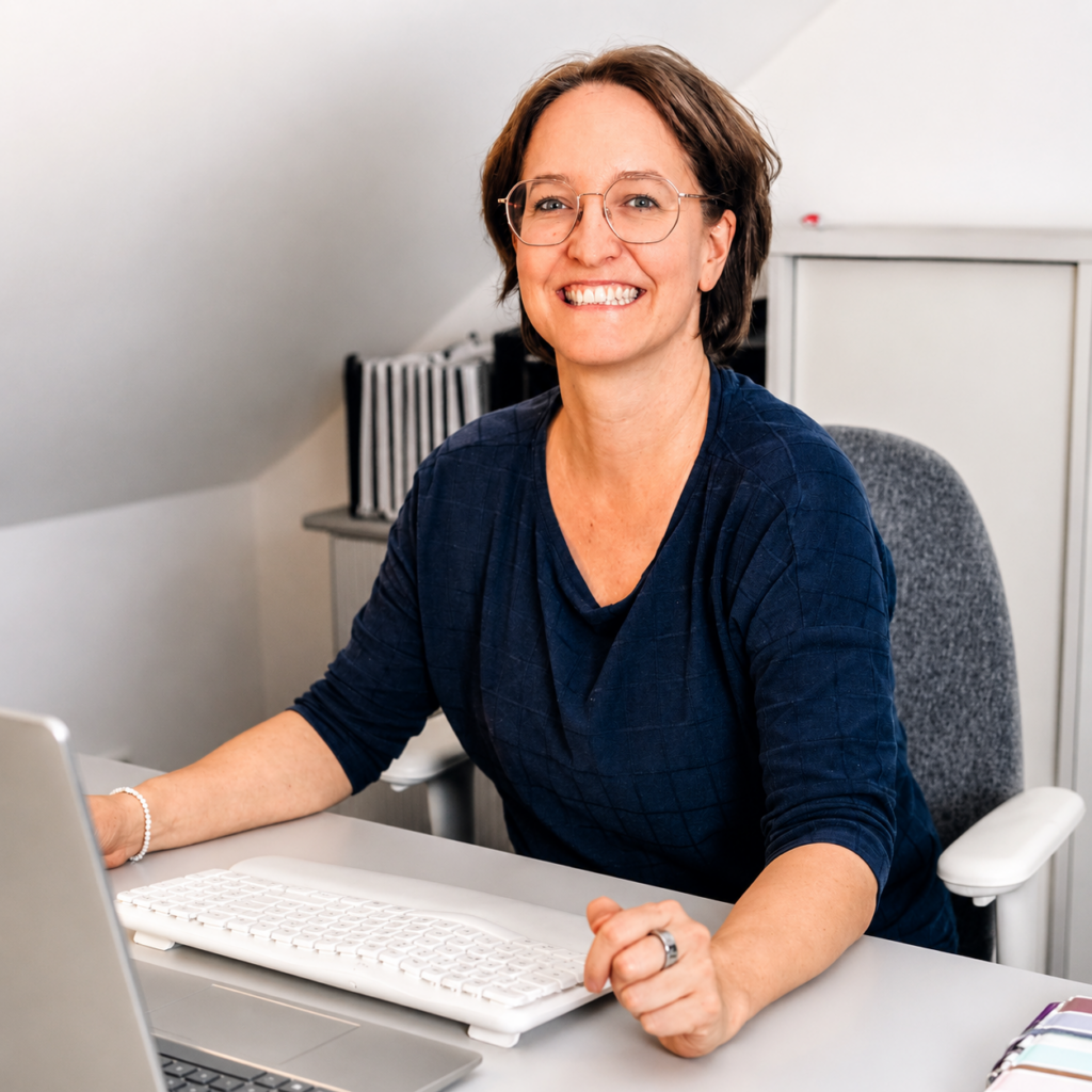 Coachin Linda Menge sitzt an ihrem Schreibtisch und lächelt in die Kamera. Sie trägt kurze Haare, eine Brille und einen lila Pullover. Das Foto ist für das Interview mit Seite an Seite - dem Team für barrierefreies Marketing entstanden.
